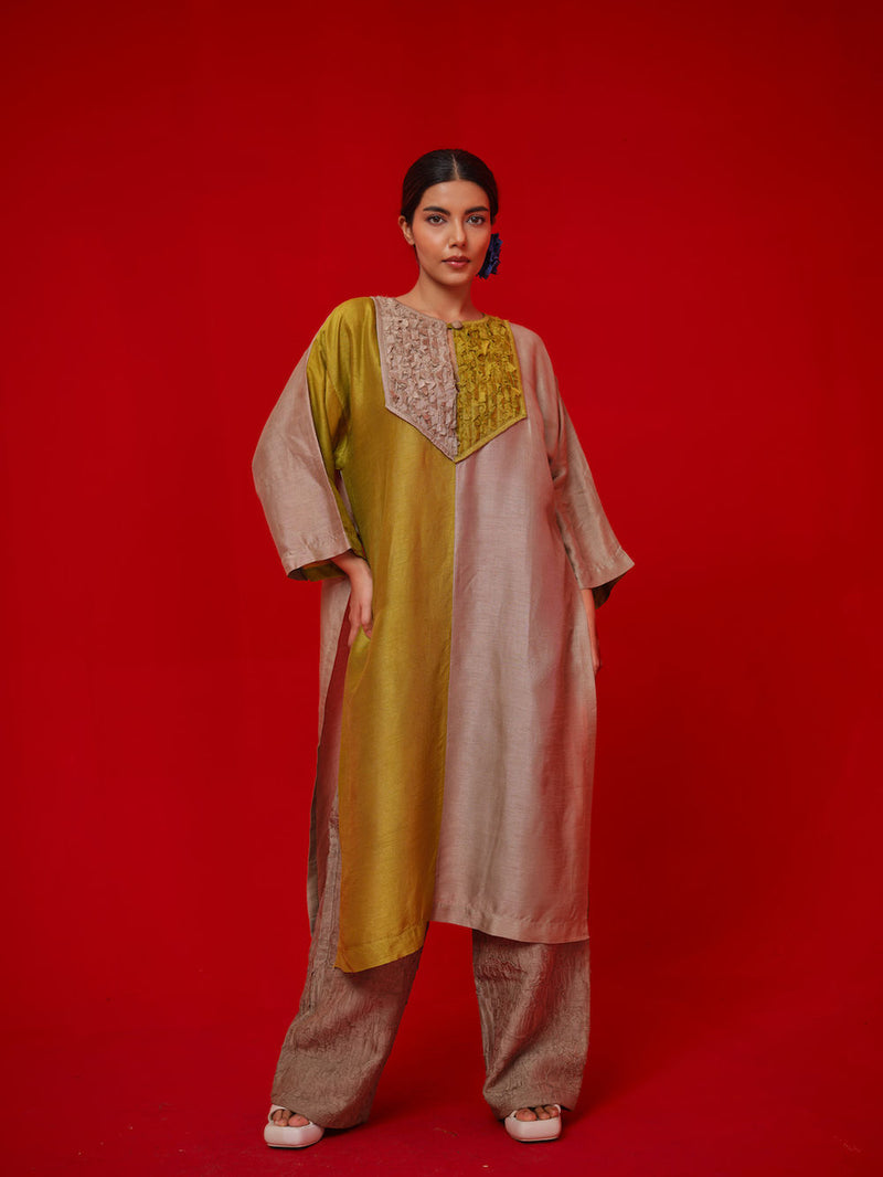 Opal tunic-Leaf green + Grey mysore silk tunics/kaftan by Stoique in green, grey for women in Singapore