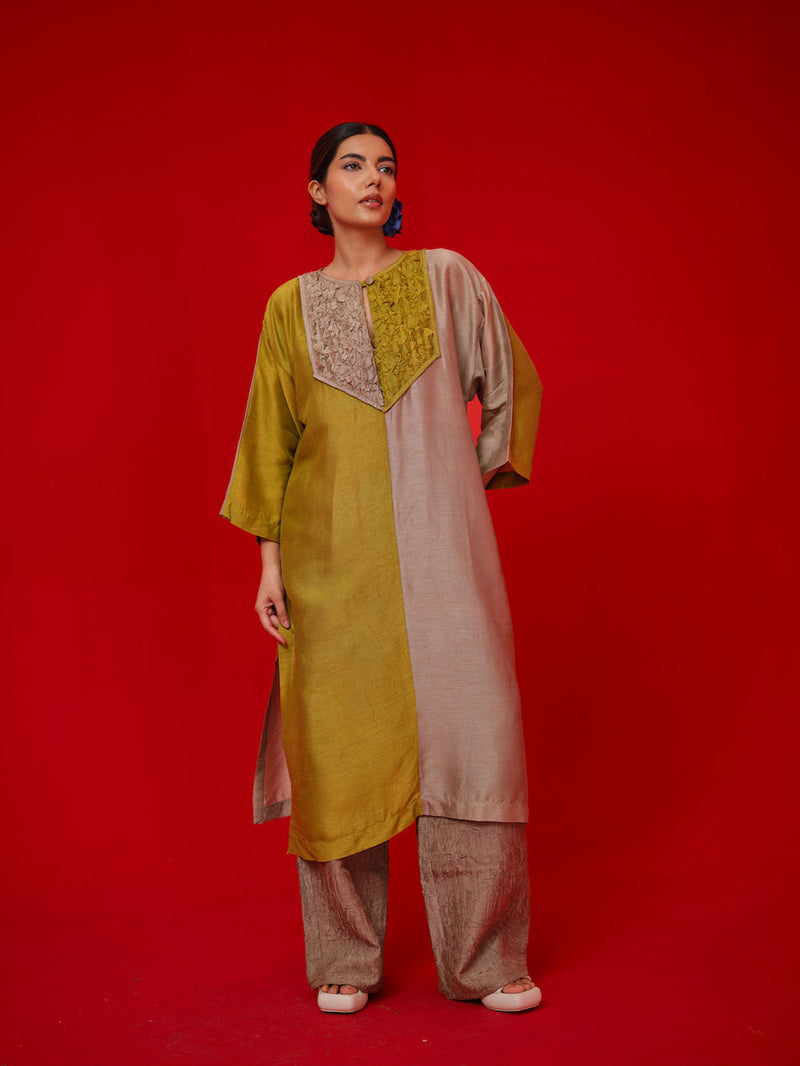 Opal tunic-Leaf green + Grey mysore silk tunics/kaftan by Stoique in green, grey for women in Singapore