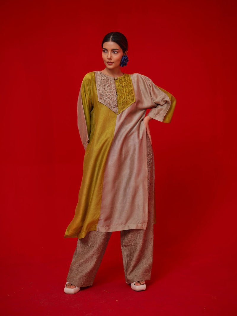 Opal tunic-Leaf green + Grey mysore silk tunics/kaftan by Stoique in green, grey for women in Singapore
