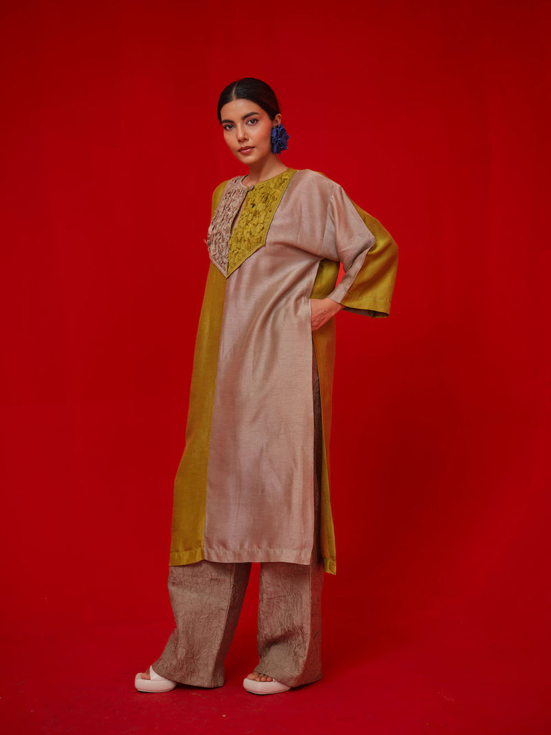 Opal tunic-Leaf green + Grey mysore silk tunics/kaftan by Stoique in green, grey for women in Singapore