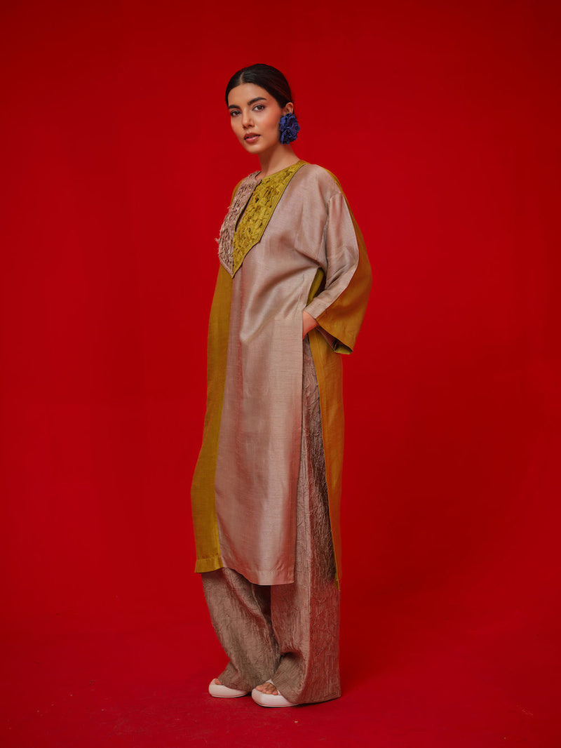 Opal tunic-Leaf green + Grey mysore silk tunics/kaftan by Stoique in green, grey for women in Singapore