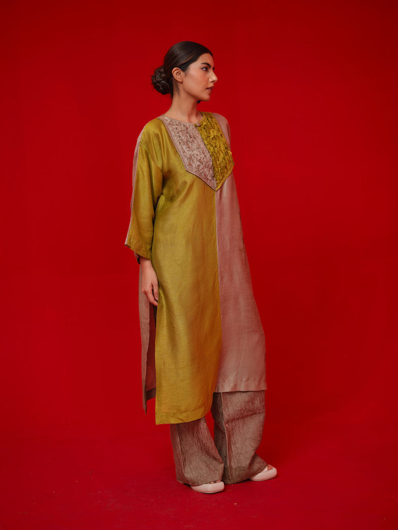 Opal tunic-Leaf green + Grey mysore silk tunics/kaftan by Stoique in green, grey for women in Singapore