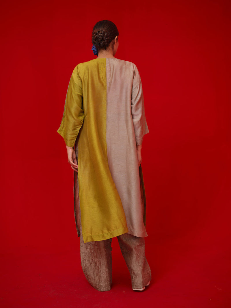 Opal tunic-Leaf green + Grey mysore silk tunics/kaftan by Stoique in green, grey for women in Singapore