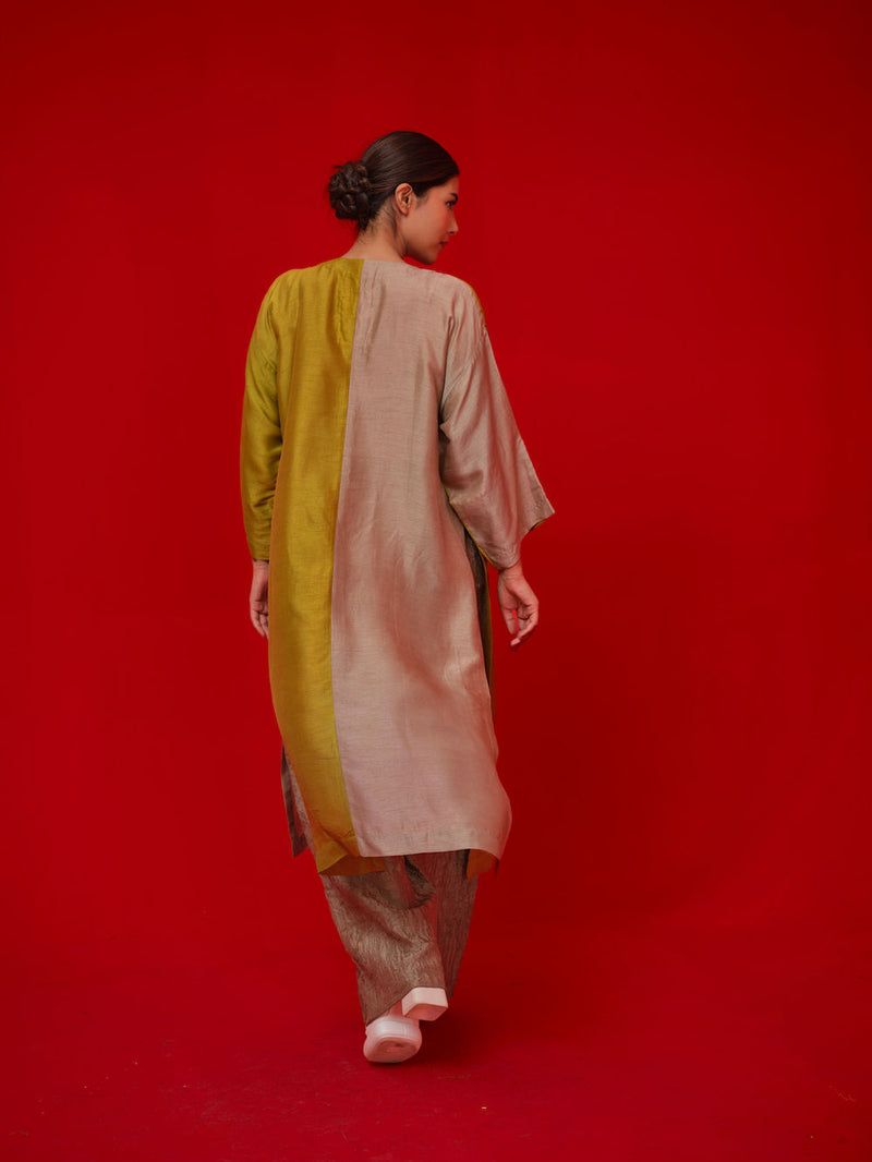 Opal tunic-Leaf green + Grey mysore silk tunics/kaftan by Stoique in green, grey for women in Singapore