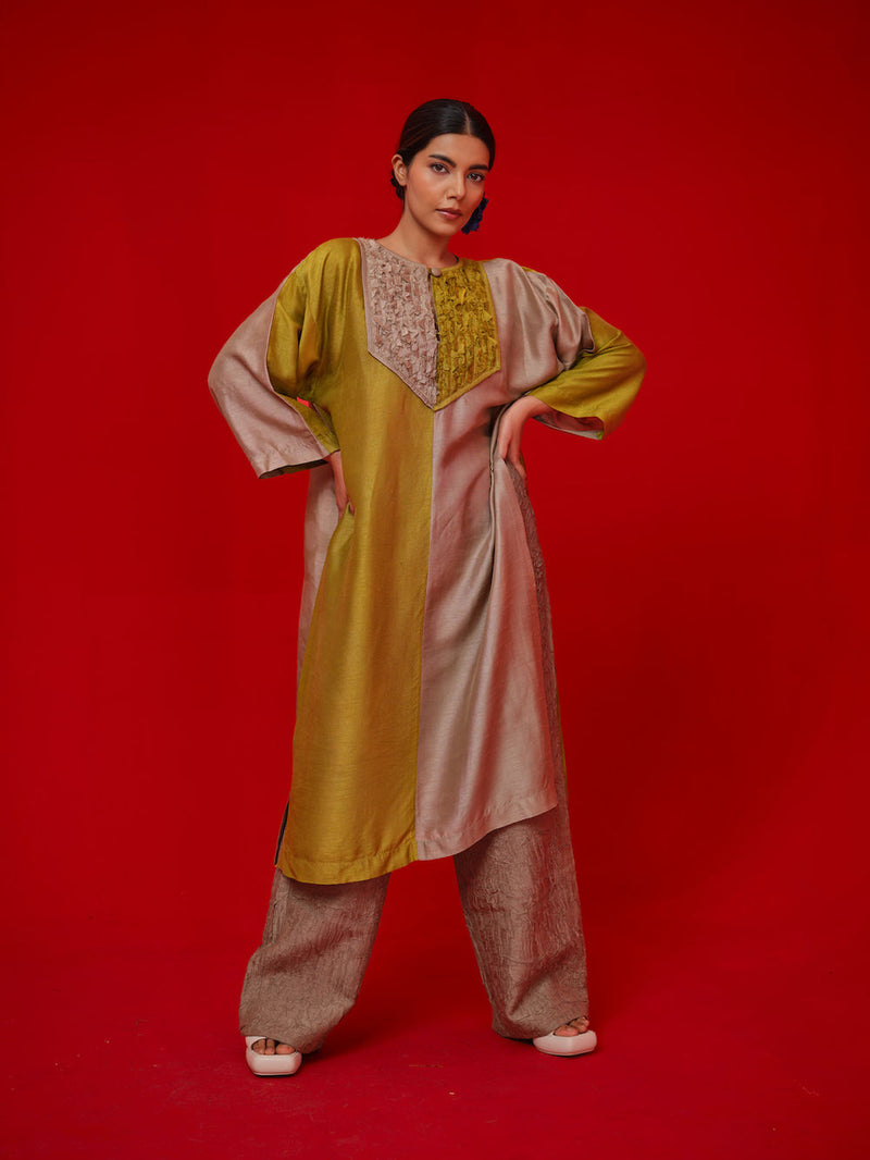 Opal tunic-Leaf green + Grey mysore silk tunics/kaftan by Stoique in green, grey for women in Singapore