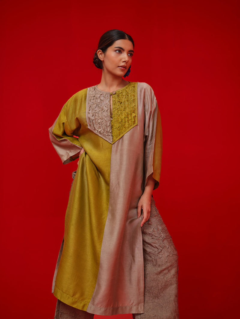 Opal tunic-Leaf green + Grey mysore silk tunics/kaftan by Stoique in green, grey for women in Singapore