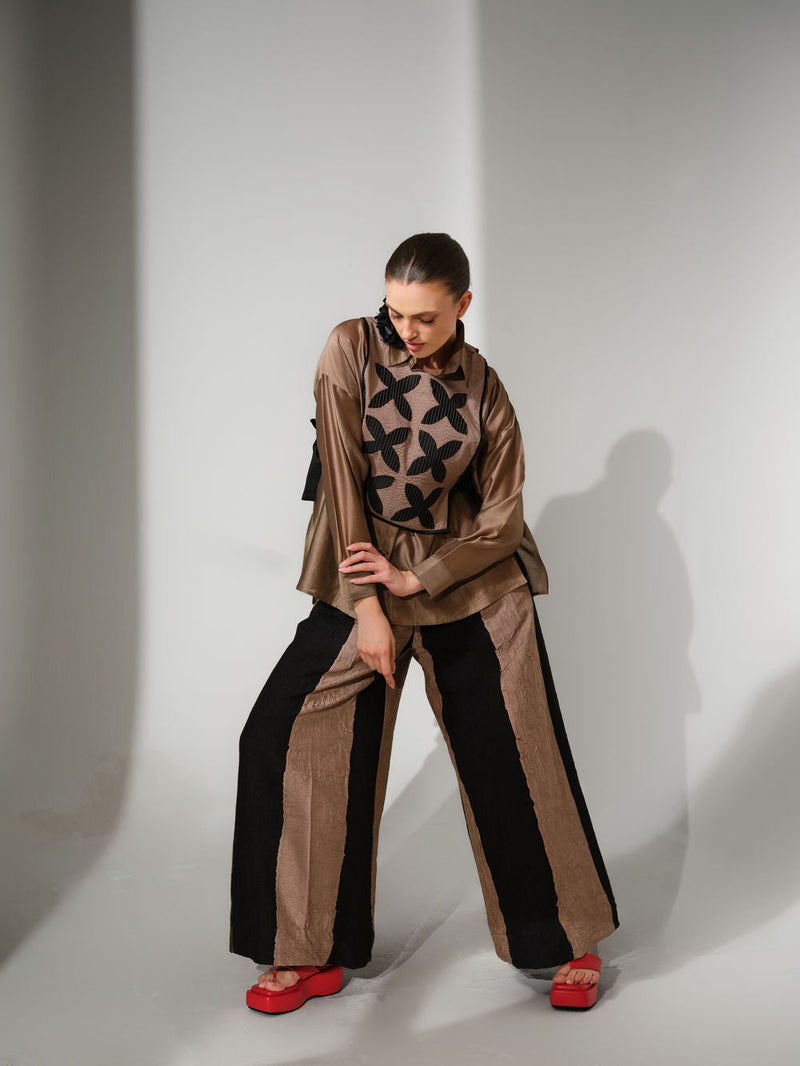 Pebble Shirt-Grey + Black silk chanderi top/shirt by Stoique in grey, black for women in Singapore
