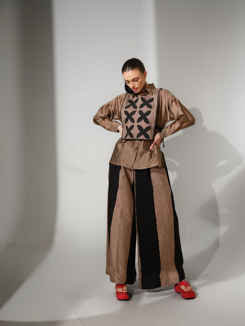 Pebble Shirt-Grey + Black silk chanderi top/shirt by Stoique in grey, black for women in Singapore