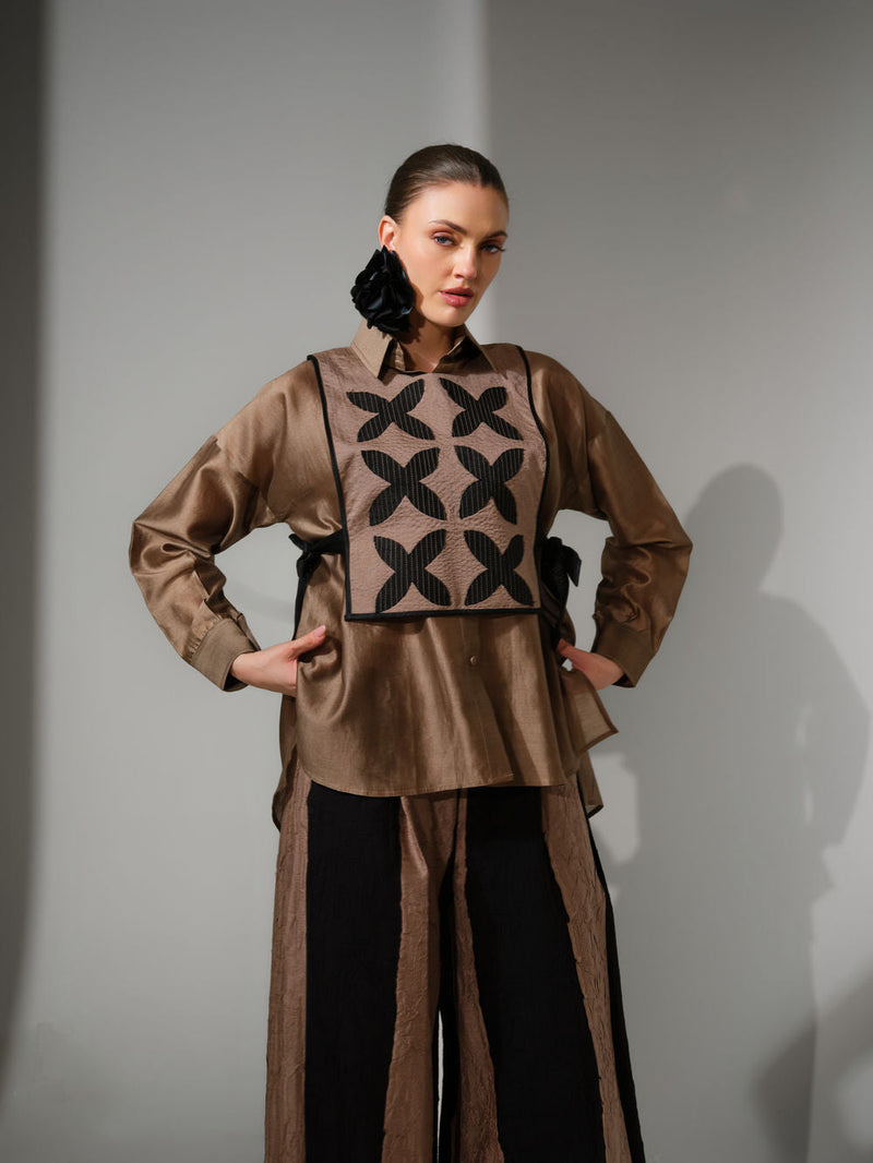 Pebble Shirt-Grey + Black silk chanderi top/shirt by Stoique in grey, black for women in Singapore