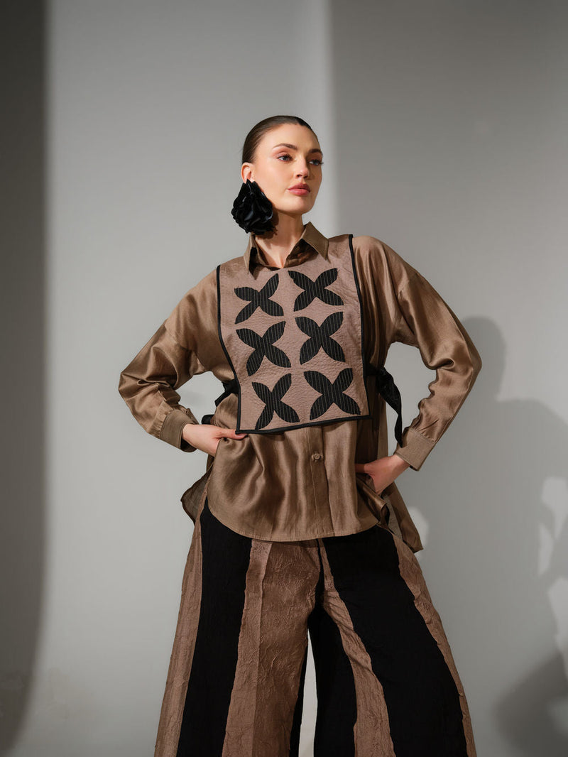 Pebble Shirt-Grey + Black silk chanderi top/shirt by Stoique in grey, black for women in Singapore
