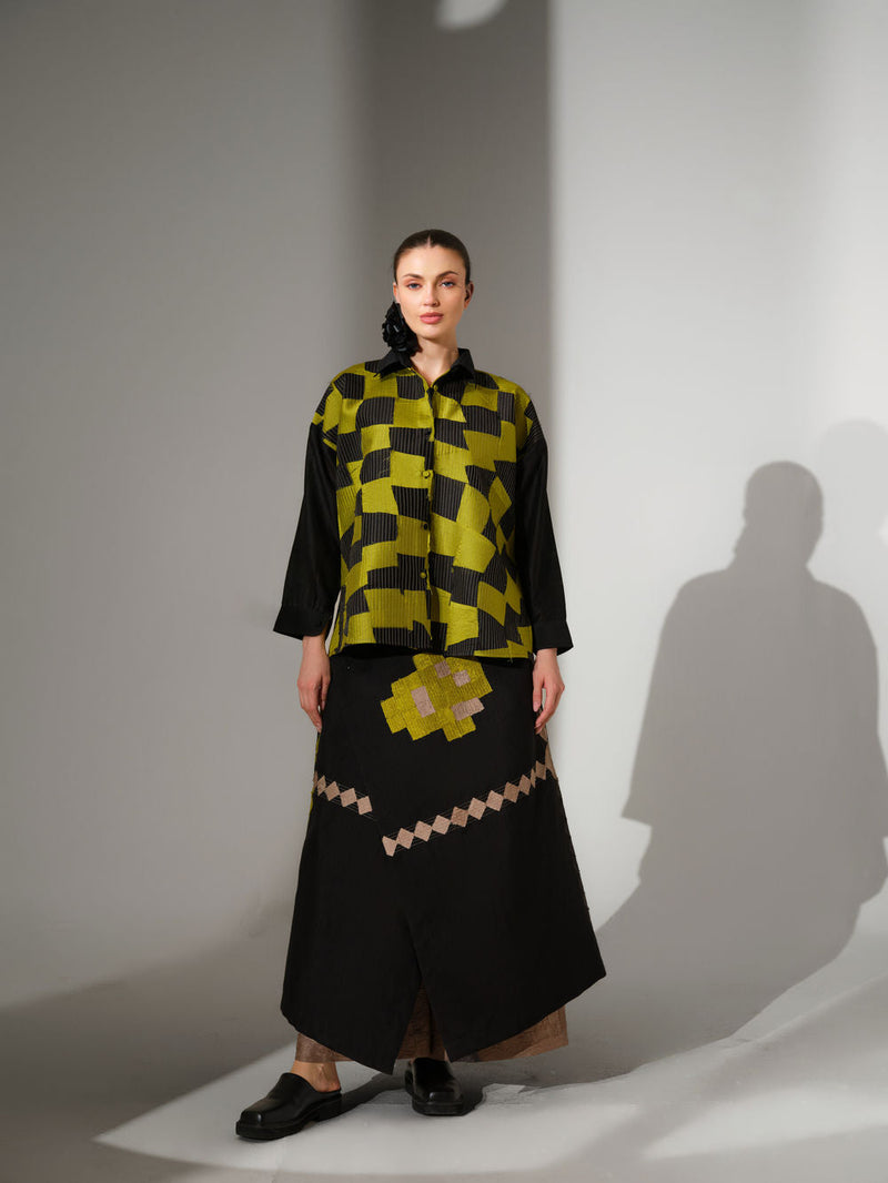 Embrace Skirt-Black + Lime mysore silk skirt by Stoique in black, lime for women in Singapore