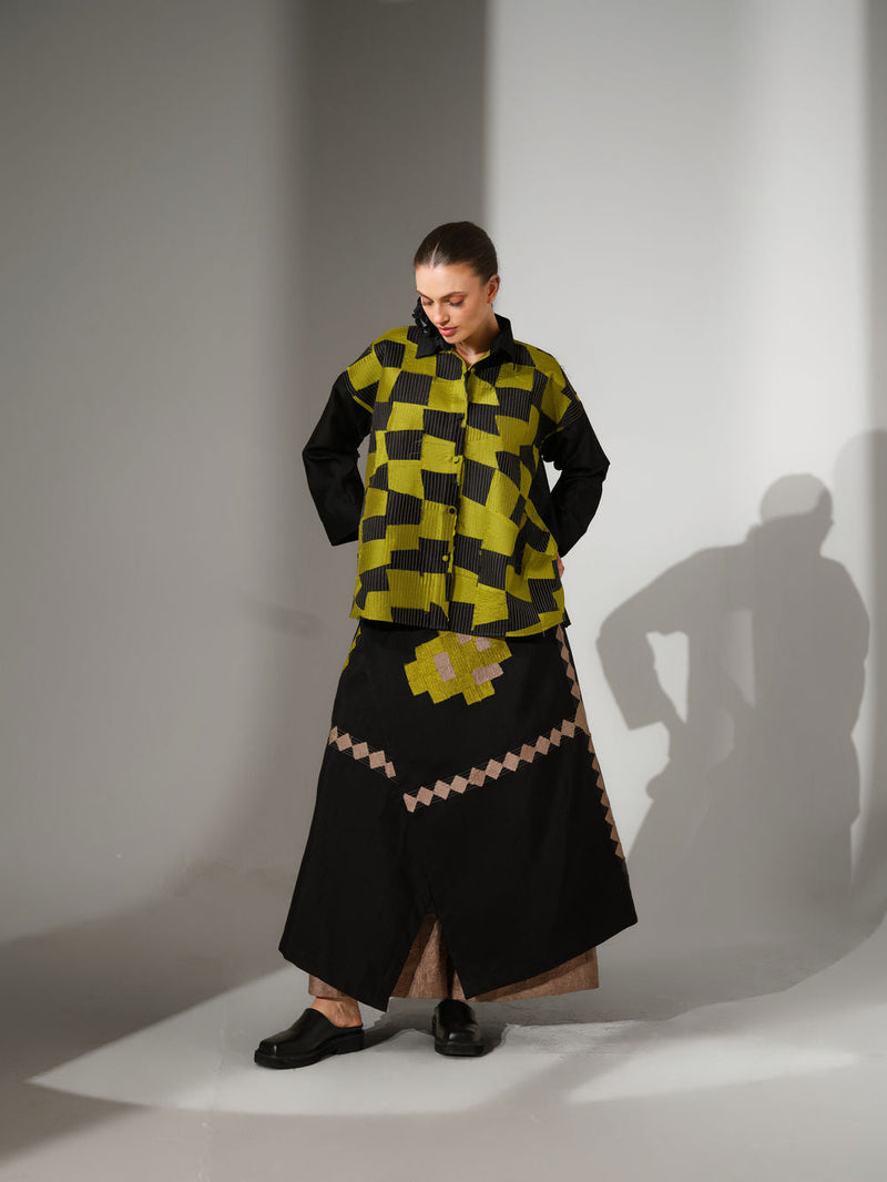 Embrace Skirt-Black + Lime mysore silk skirt by Stoique in black, lime for women in Singapore