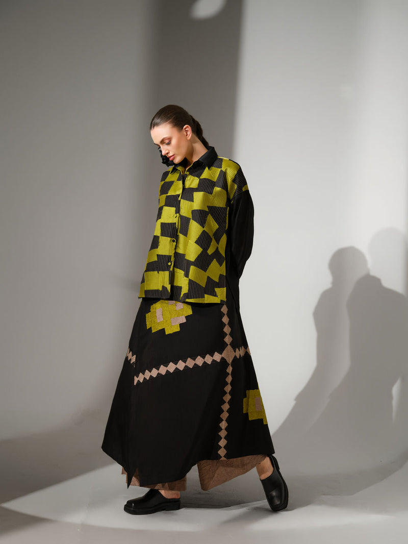 Drift Shirt-Black + Lime silk chanderi top/shirt by Stoique in black, lime for women in Singapore
