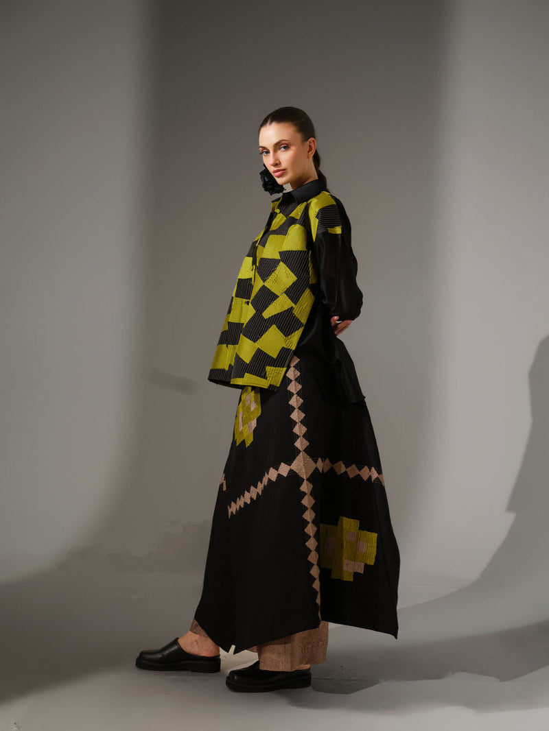 Embrace Skirt-Black + Lime mysore silk skirt by Stoique in black, lime for women in Singapore