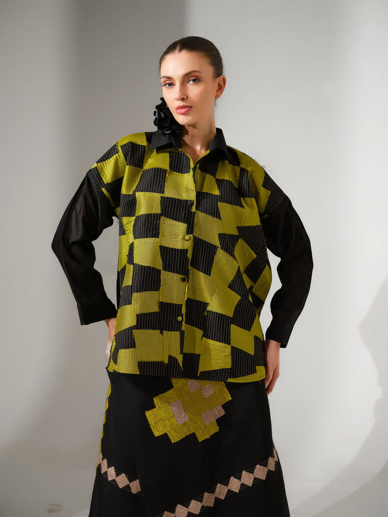 Drift Shirt-Black + Lime silk chanderi top/shirt by Stoique in black, lime for women in Singapore