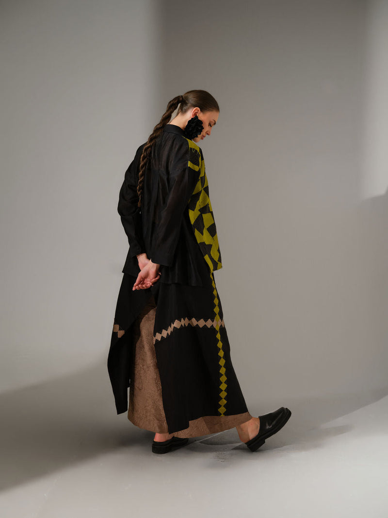 Embrace Skirt-Black + Lime mysore silk skirt by Stoique in black, lime for women in Singapore