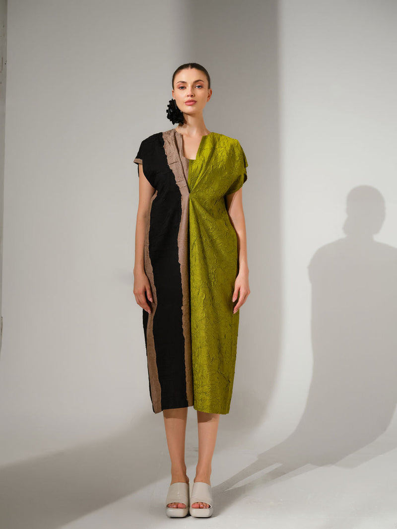 Ripple Dress-Black + Grey + Lime crushed silk dress by Stoique in black, grey, lime for women in Singapore