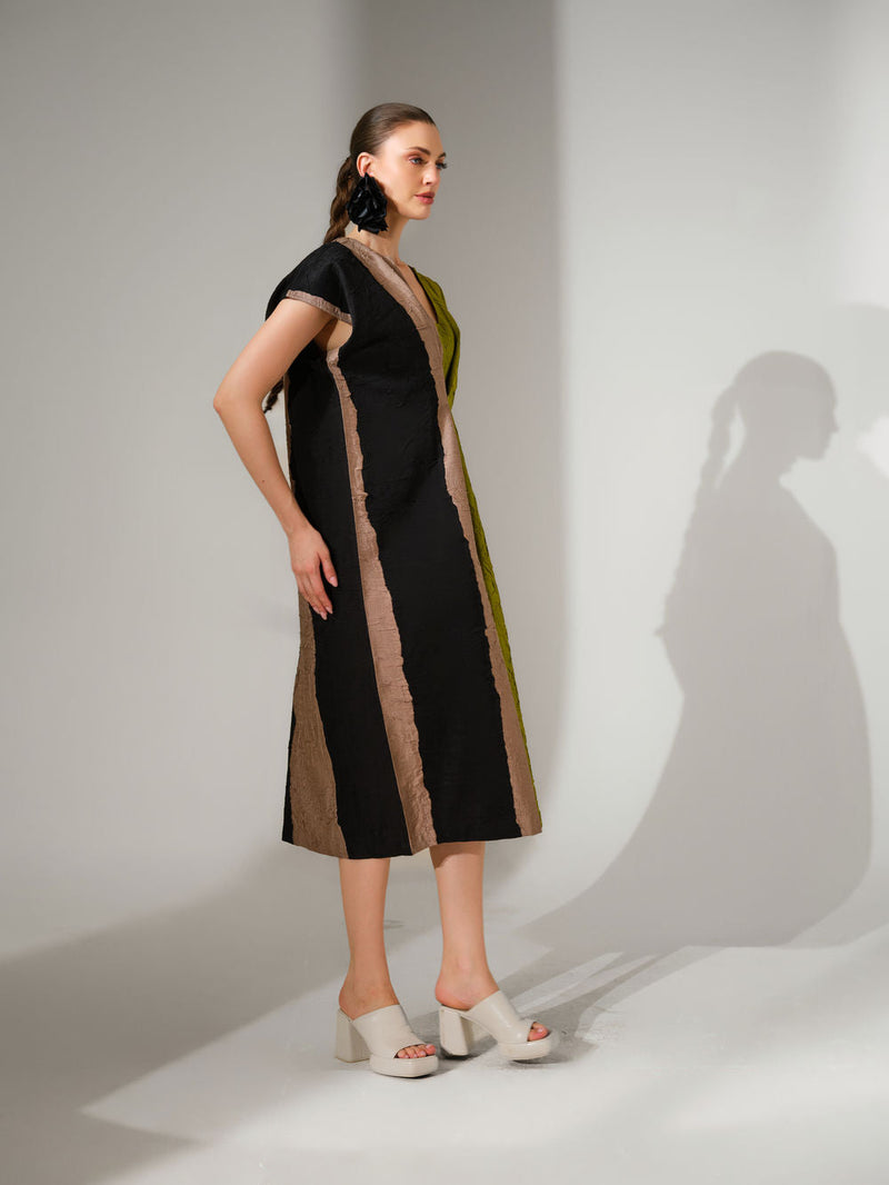 Ripple Dress-Black + Grey + Lime crushed silk dress by Stoique in black, grey, lime for women in Singapore