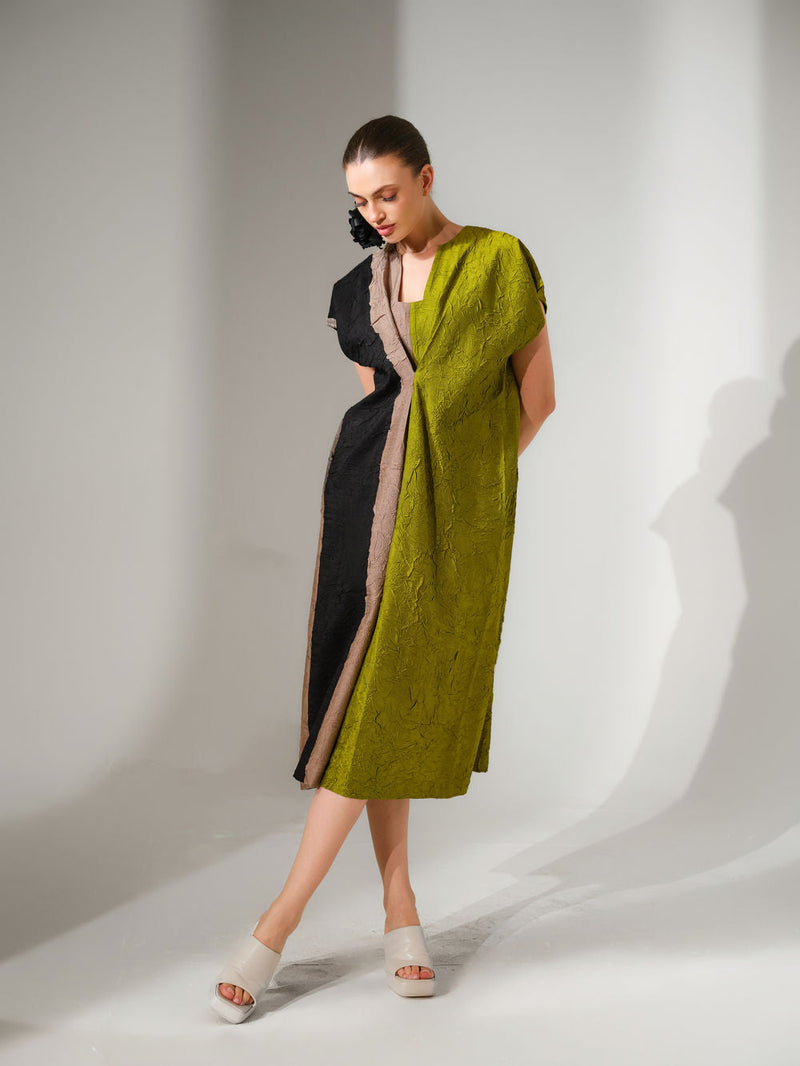 Ripple Dress-Black + Grey + Lime crushed silk dress by Stoique in black, grey, lime for women in Singapore