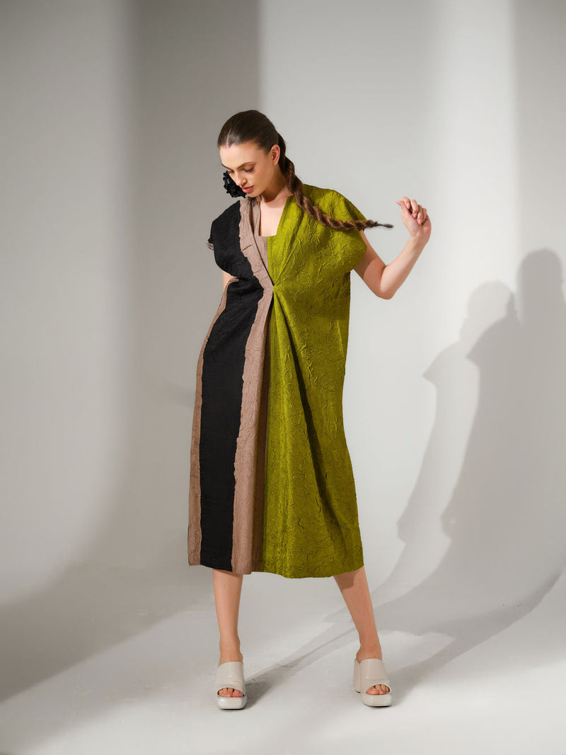 Ripple Dress-Black + Grey + Lime crushed silk dress by Stoique in black, grey, lime for women in Singapore