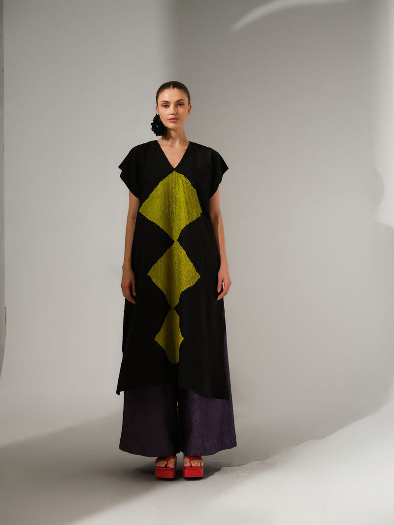 Facet Tunic-Black + Lime crushed silk tunics/kaftan by Stoique in black, lime for women in Singapore