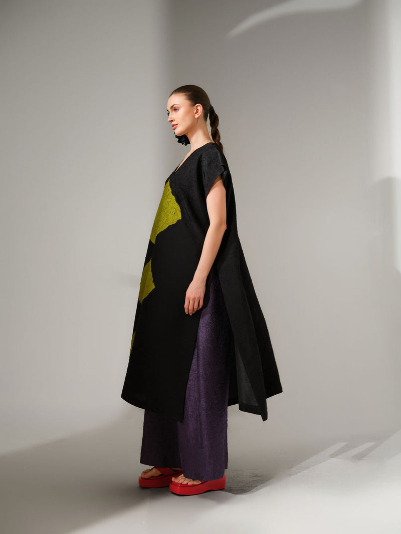 Facet Tunic-Black + Lime crushed silk tunics/kaftan by Stoique in black, lime for women in Singapore