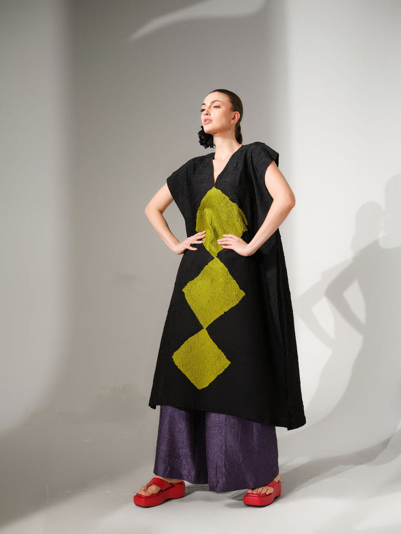 Facet Tunic-Black + Lime crushed silk tunics/kaftan by Stoique in black, lime for women in Singapore