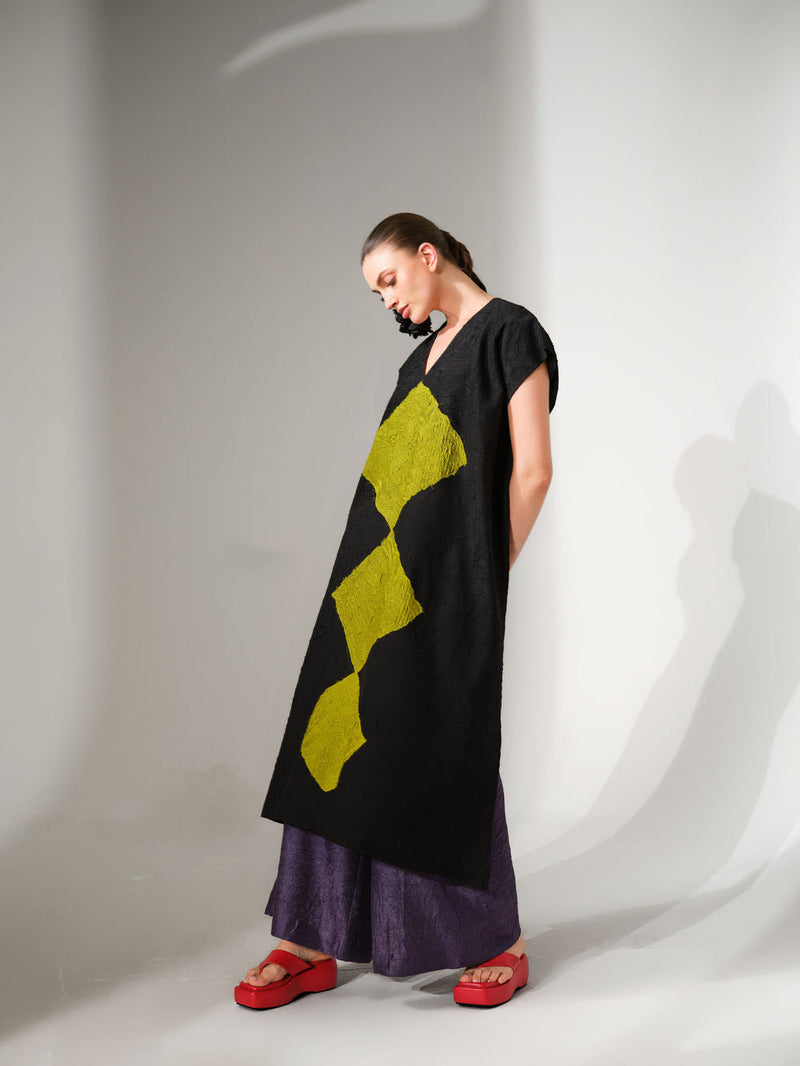 Facet Tunic-Black + Lime crushed silk tunics/kaftan by Stoique in black, lime for women in Singapore