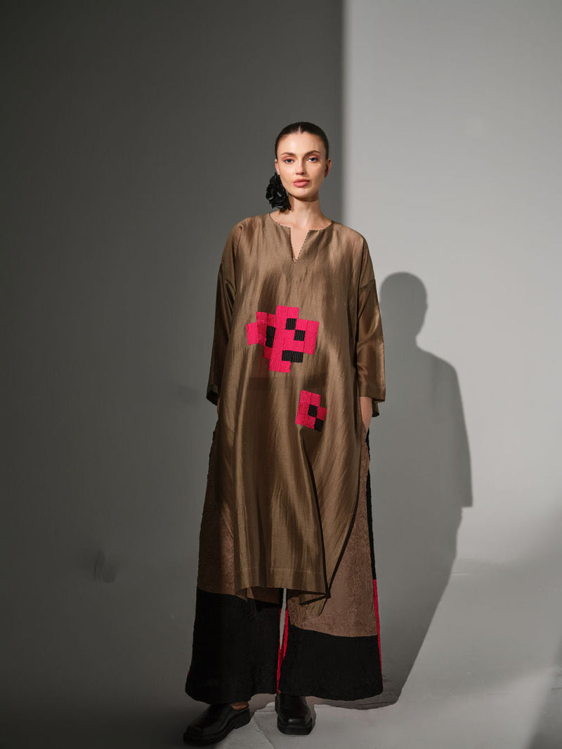 Trace Tunic-Grey + Pink + Black silk chanderi tunics/kaftan by Stoique in grey, pink, black for women in Singapore