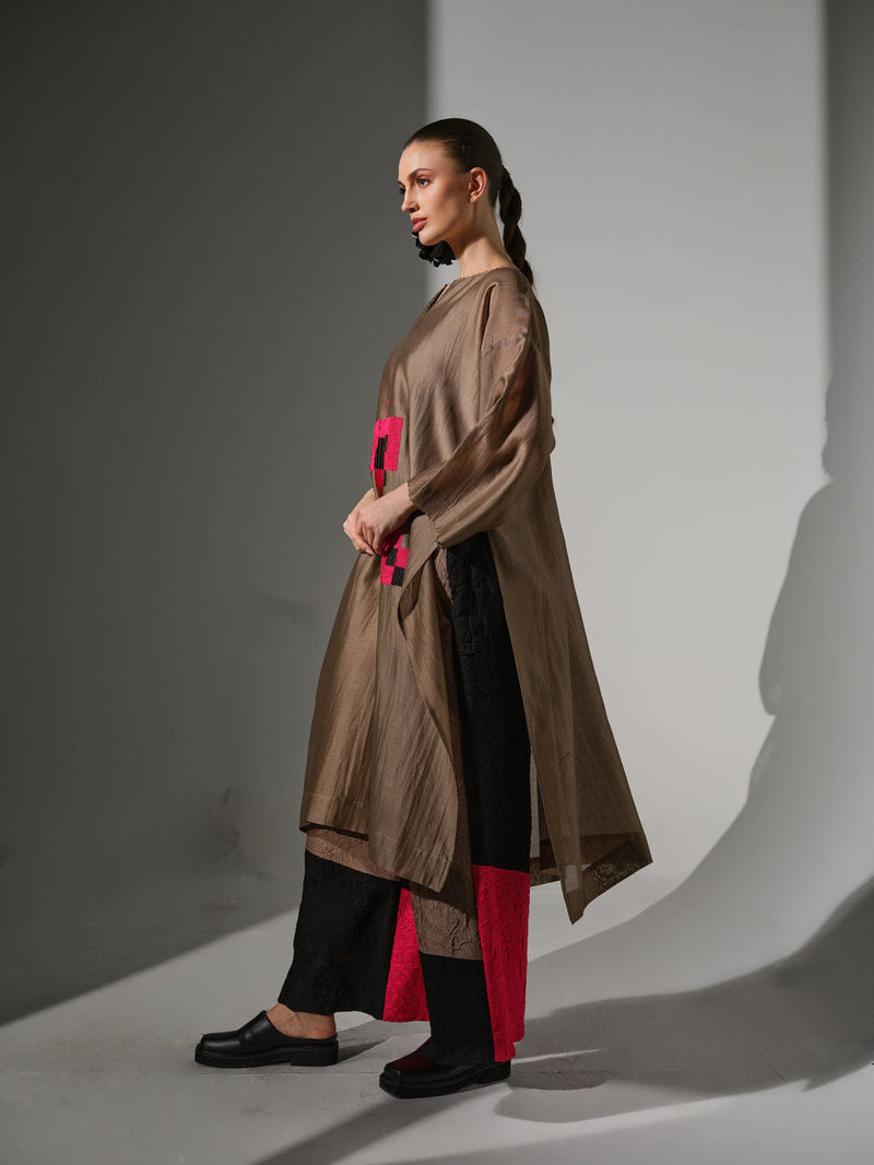 Trace Tunic-Grey + Pink + Black silk chanderi tunics/kaftan by Stoique in grey, pink, black for women in Singapore