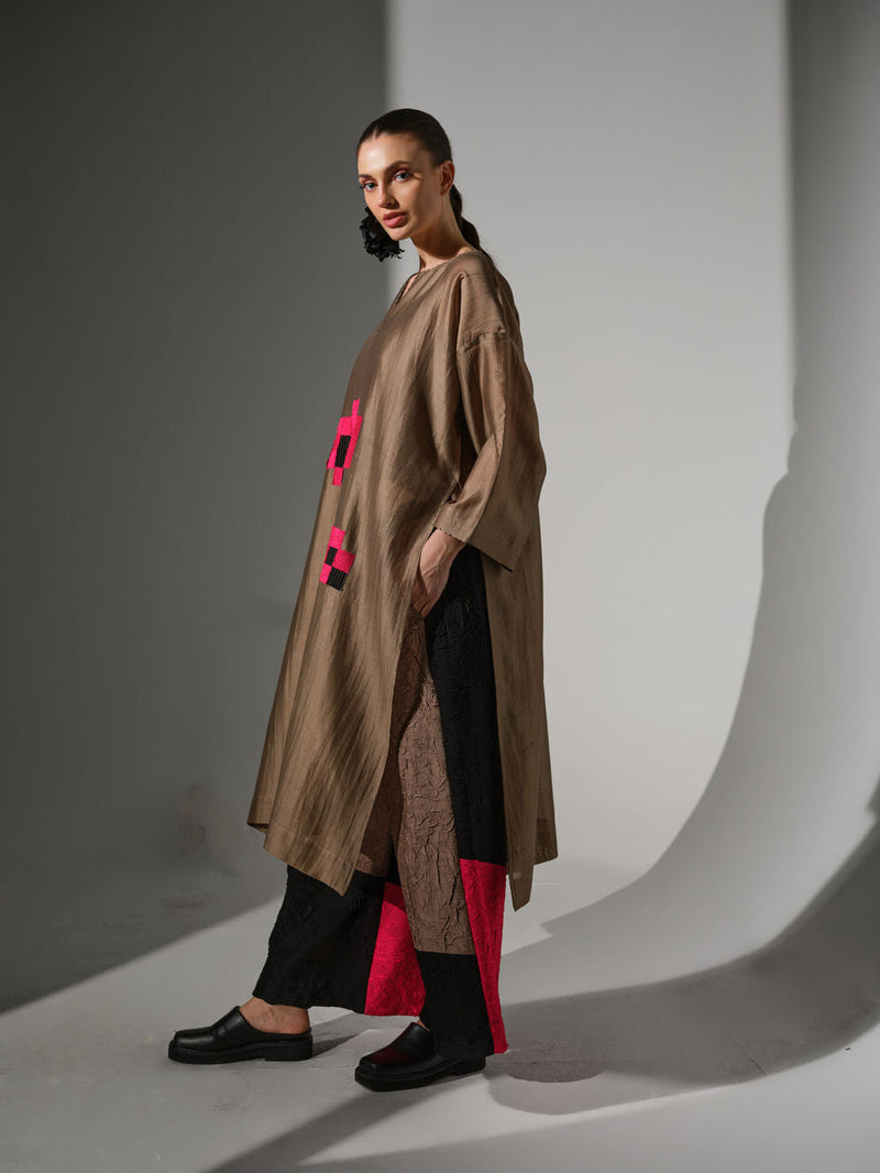 Trace Tunic-Grey + Pink + Black silk chanderi tunics/kaftan by Stoique in grey, pink, black for women in Singapore