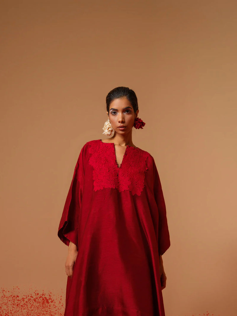 Beam Tunic-Red mysore silk kaftans and tunics by Stoique in red for women in Singapore