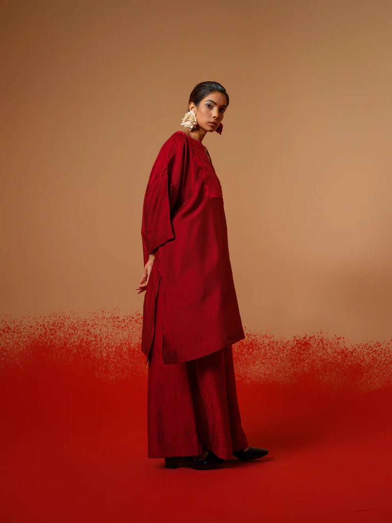 Beam Tunic-Red mysore silk kaftans and tunics by Stoique in red for women in Singapore