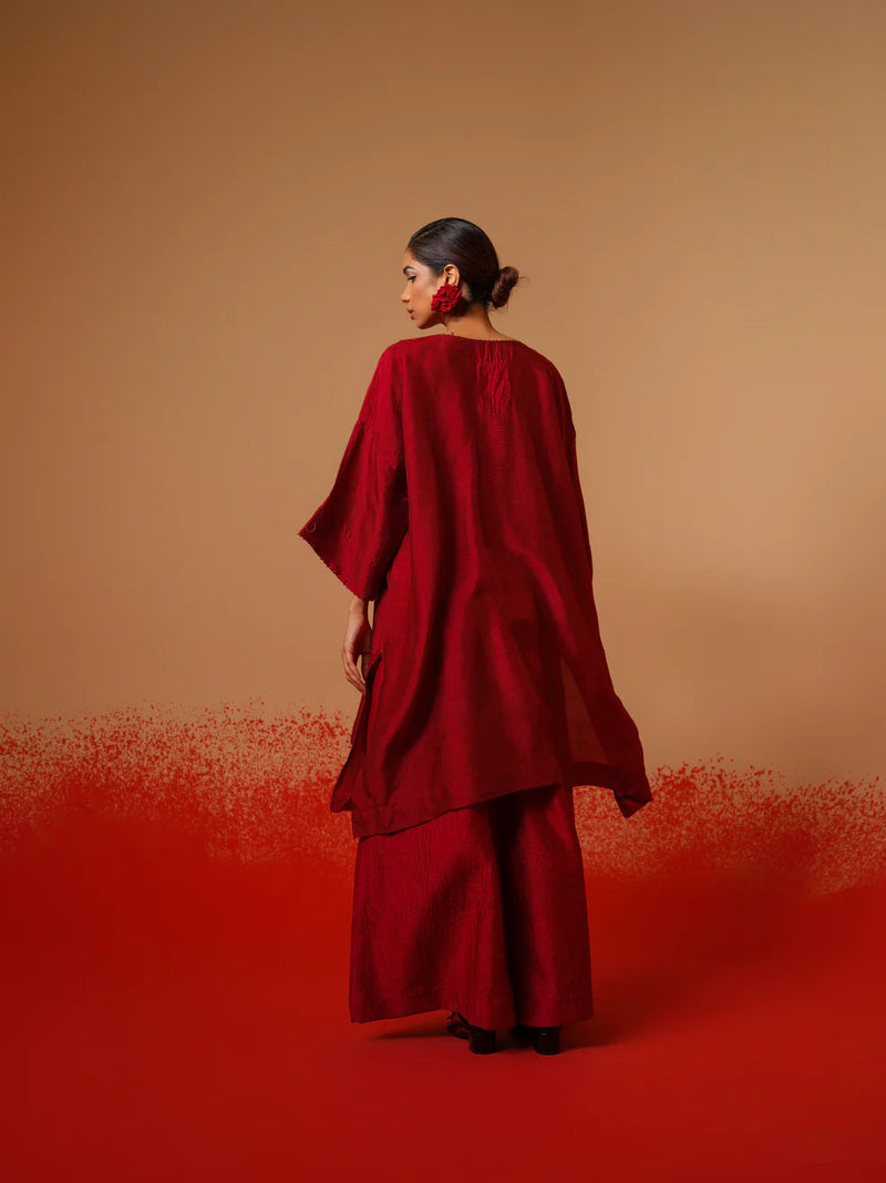 Beam Tunic-Red mysore silk kaftans and tunics by Stoique in red for women in Singapore