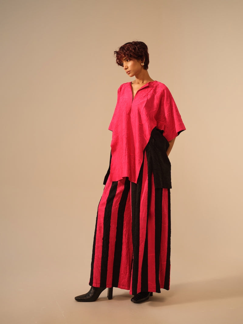 Twin Pants-Pink + Black crushed silk pants/trousers by Stoique in pink, black for women in Singapore