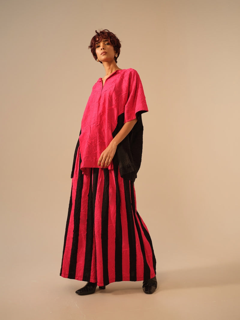 Twin Pants-Pink + Black crushed silk pants/trousers by Stoique in pink, black for women in Singapore