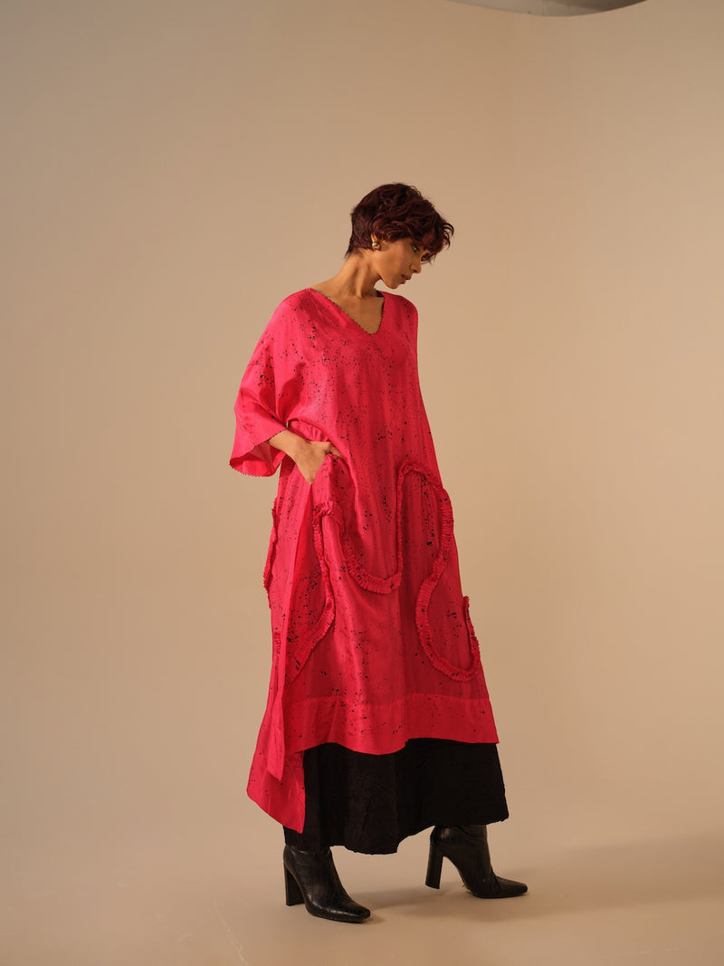 Flamingo SP Tunic-Pink + Black upada silk kaftans and tunics by Stoique in pink, black for women in Singapore