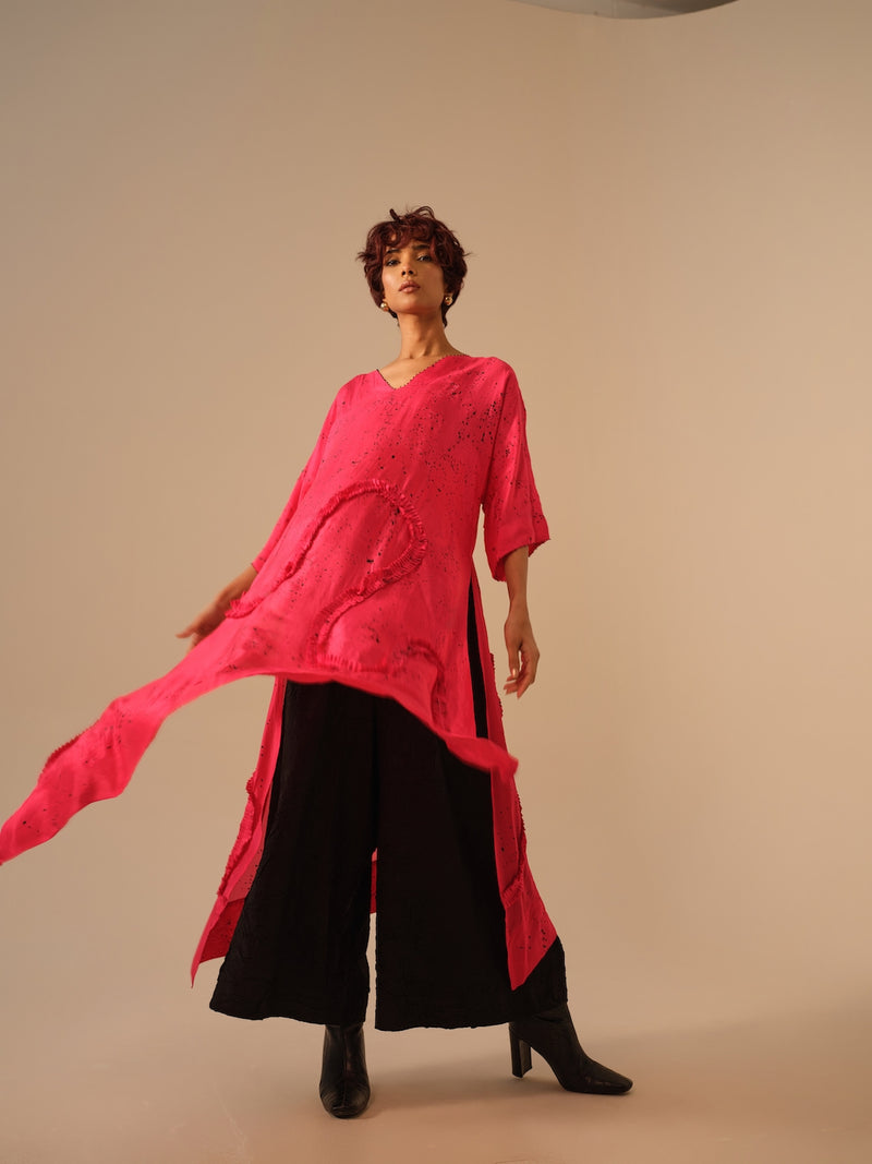 Flamingo SP Tunic-Pink + Black upada silk kaftans and tunics by Stoique in pink, black for women in Singapore