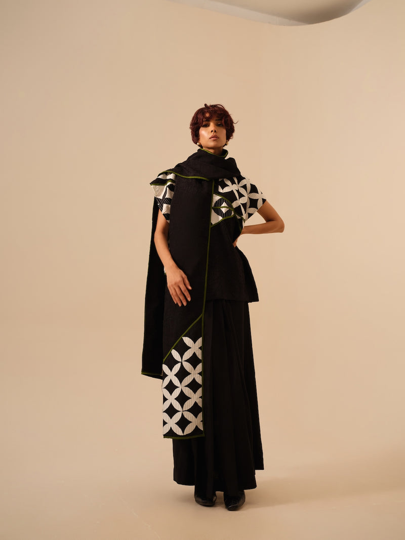 Mist Scarf-Black + Natural + Jade crushed silk scarf by Stoique in black for women in Singapore