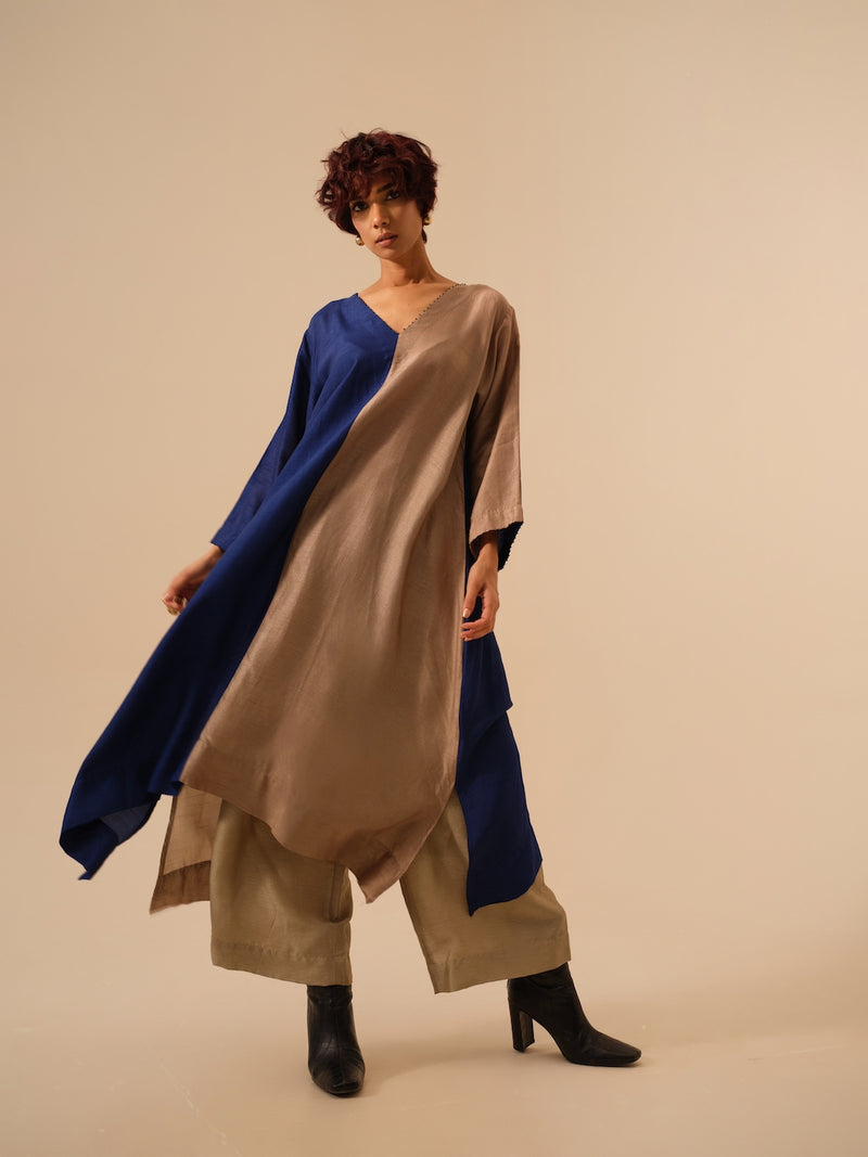 Onyx Tunic-Blue + Grey mysore silk kaftans and tunics by Stoique in blue for women in Singapore