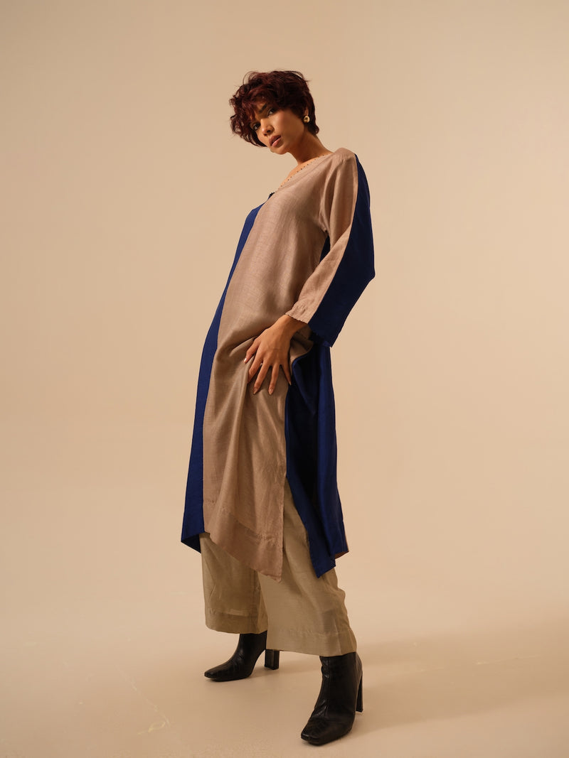 Onyx Tunic-Blue + Grey mysore silk kaftans and tunics by Stoique in blue for women in Singapore