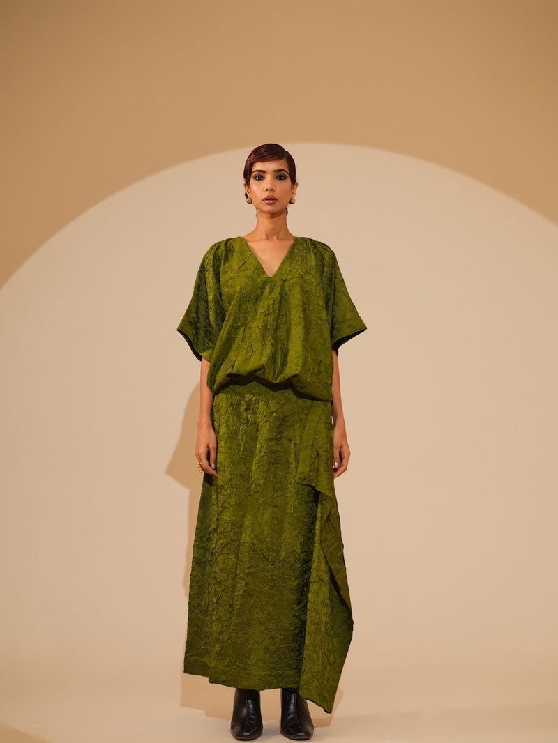 Unfold Dress-Jade Green crushed silk dress by Stoique in green for women in Singapore