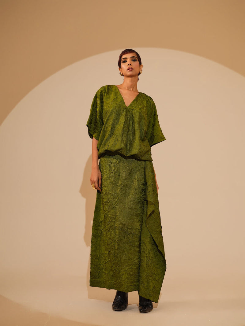 Unfold Dress-Jade Green crushed silk dress by Stoique in green for women in Singapore