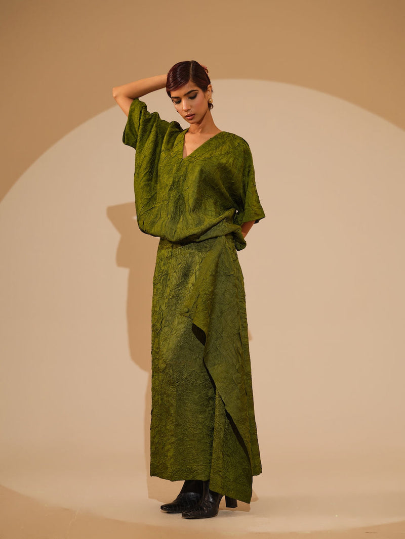Unfold Dress-Jade Green crushed silk dress by Stoique in green for women in Singapore
