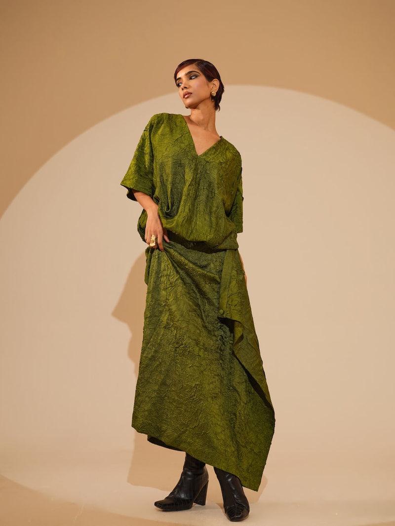 Unfold Dress-Jade Green crushed silk dress by Stoique in green for women in Singapore