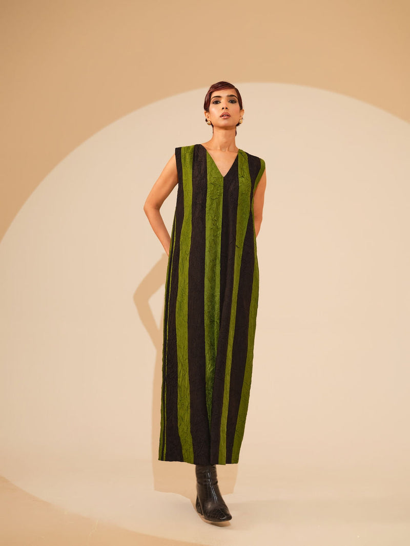 Twin Dress-Jade + Black crushed silk dress by Stoique in jade, black for women in Singapore