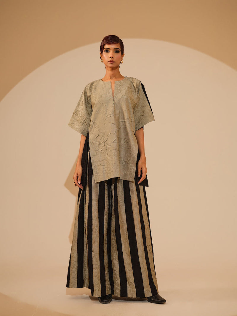 Earthy Top-Taupe + Black crushed silk top/shirt by Stoique in taupe, black for women in Singapore