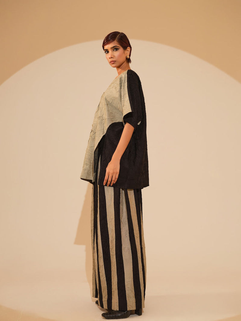 Twin Pants-Taupe + Black crushed silk pant/trouser by Stoique in taupe, black for women in Singapore