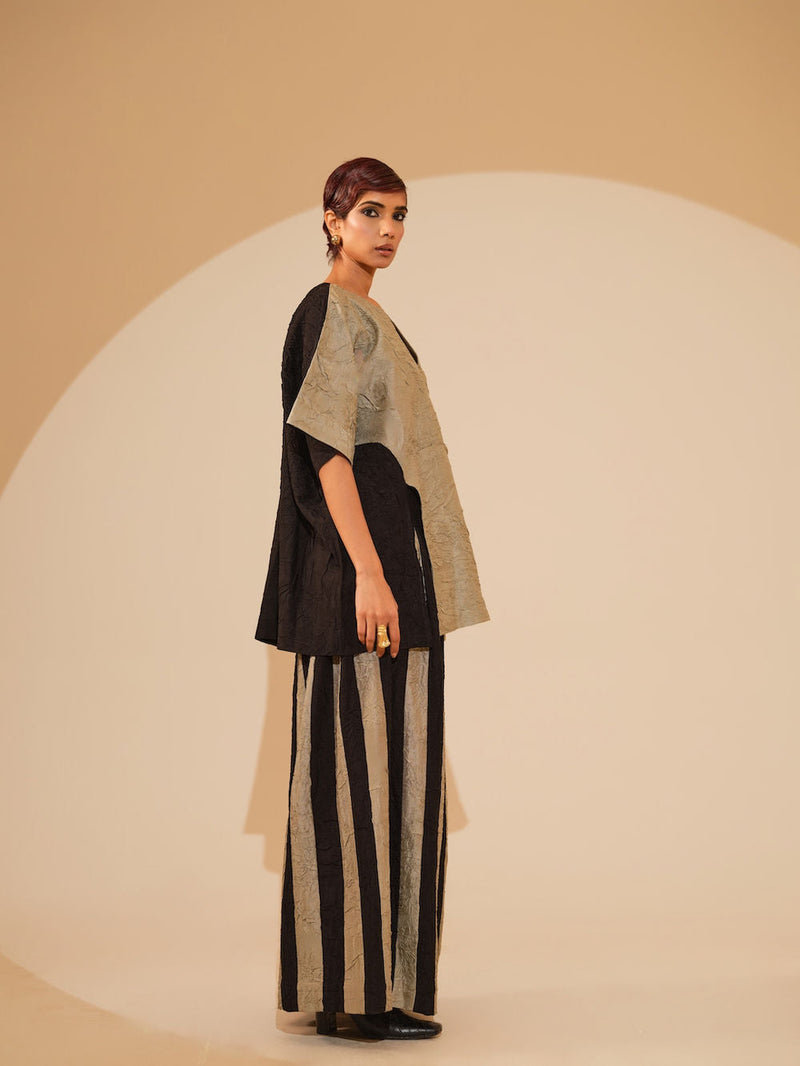 Earthy Top-Taupe + Black crushed silk top/shirt by Stoique in taupe, black for women in Singapore