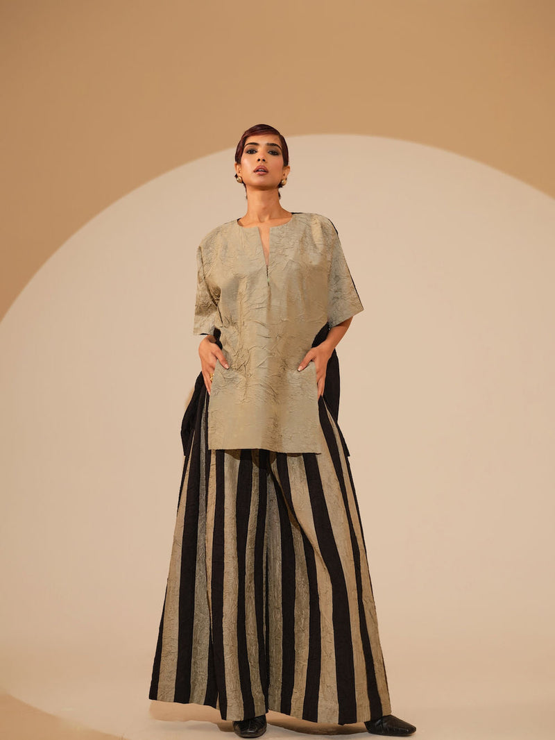 Twin Pants-Taupe + Black crushed silk pant/trouser by Stoique in taupe, black for women in Singapore